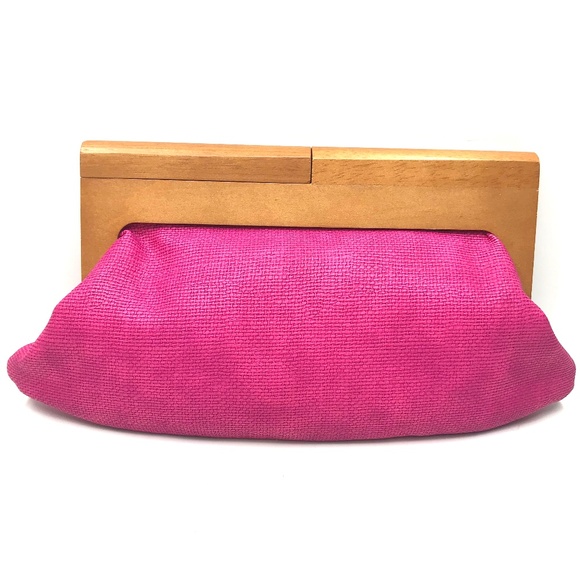 Handbags - Bright Pink woven clutch with wooden closure
